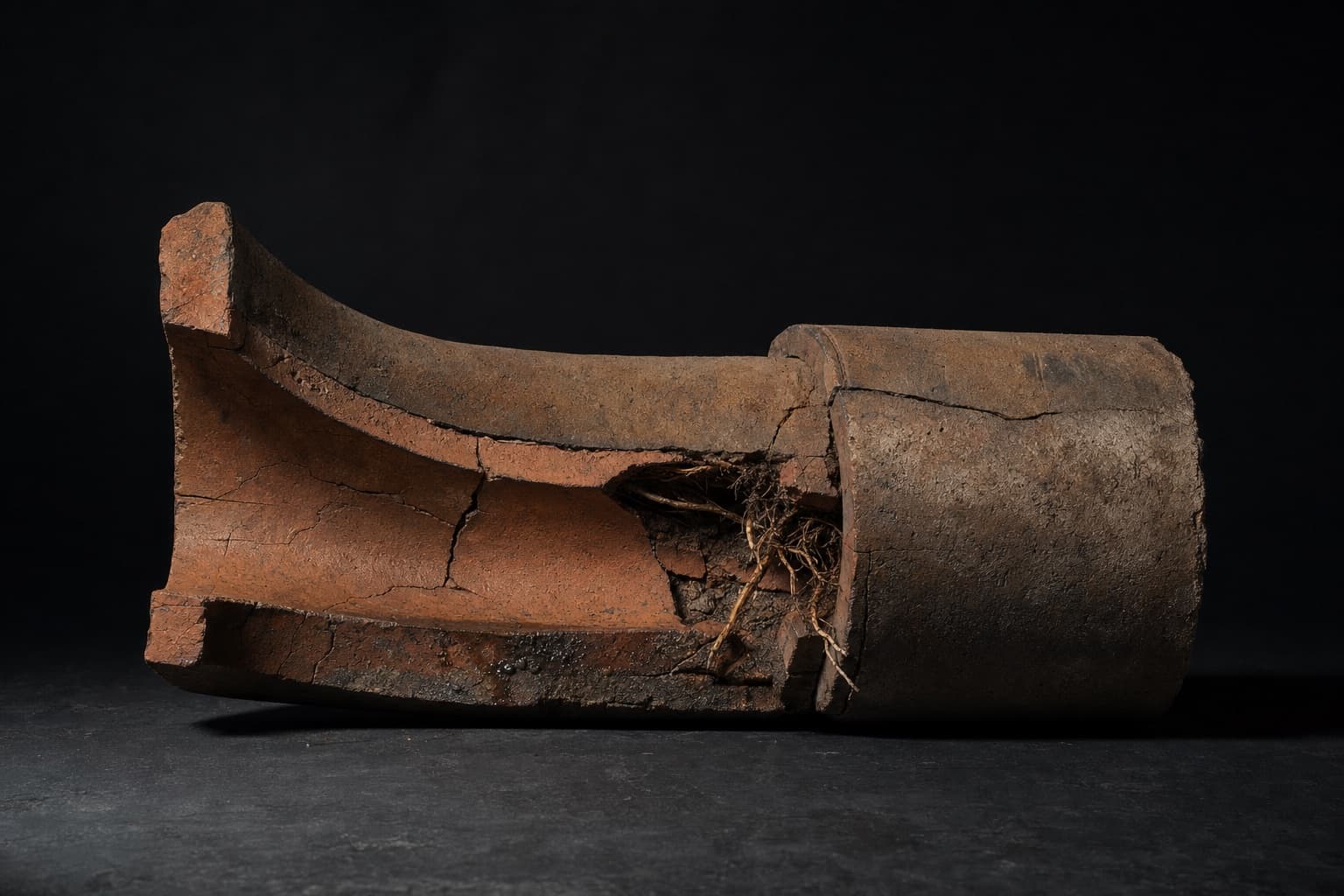 A cutaway section of old clay sewer pipe with a cracked interior, a displaced joint and root intrusion