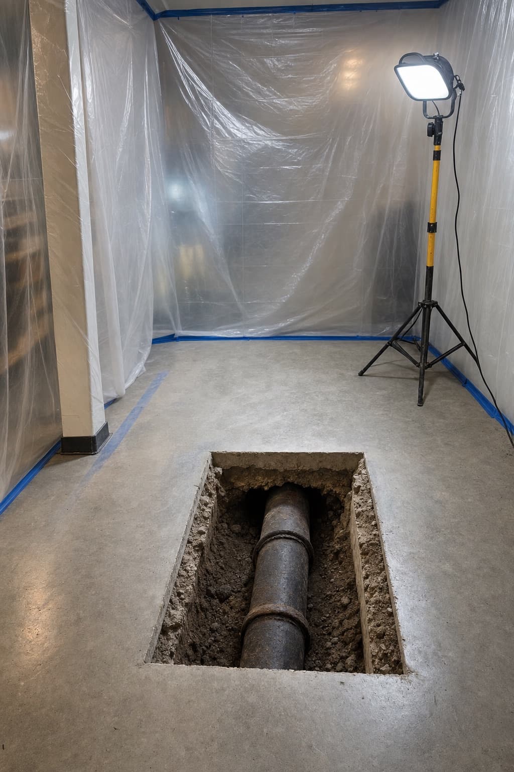 An under-slab access cut in a commercial floor exposing a cast iron drain, containment sheeting around it