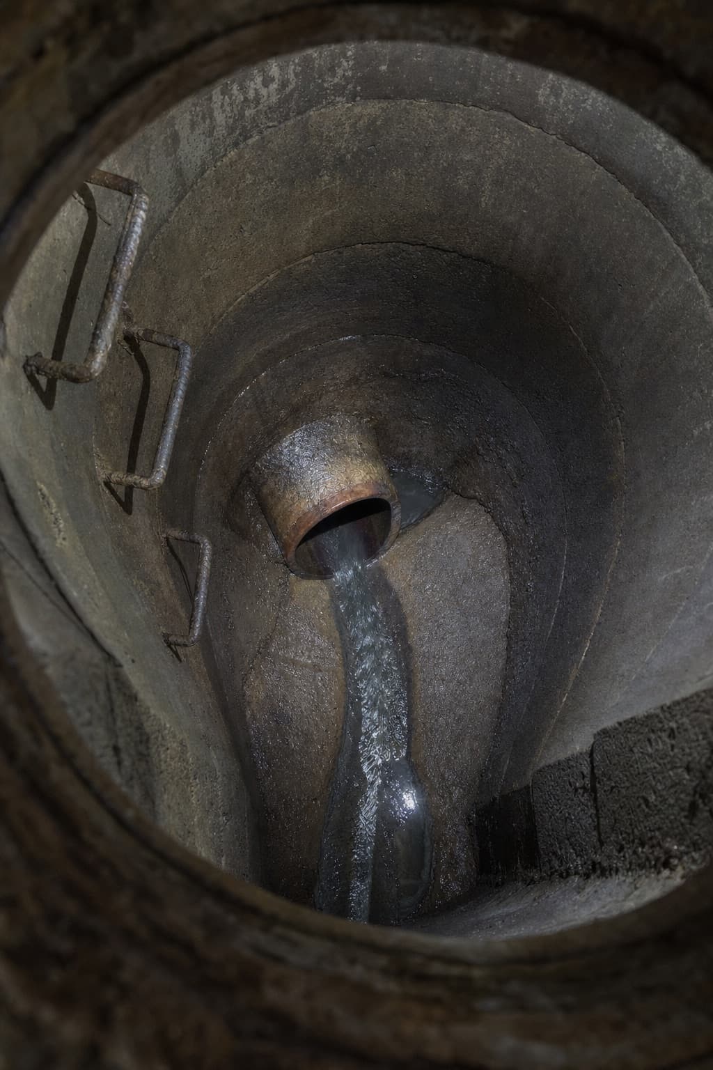 Looking down an open sewer manhole at the benching and channel, an old clay line entering