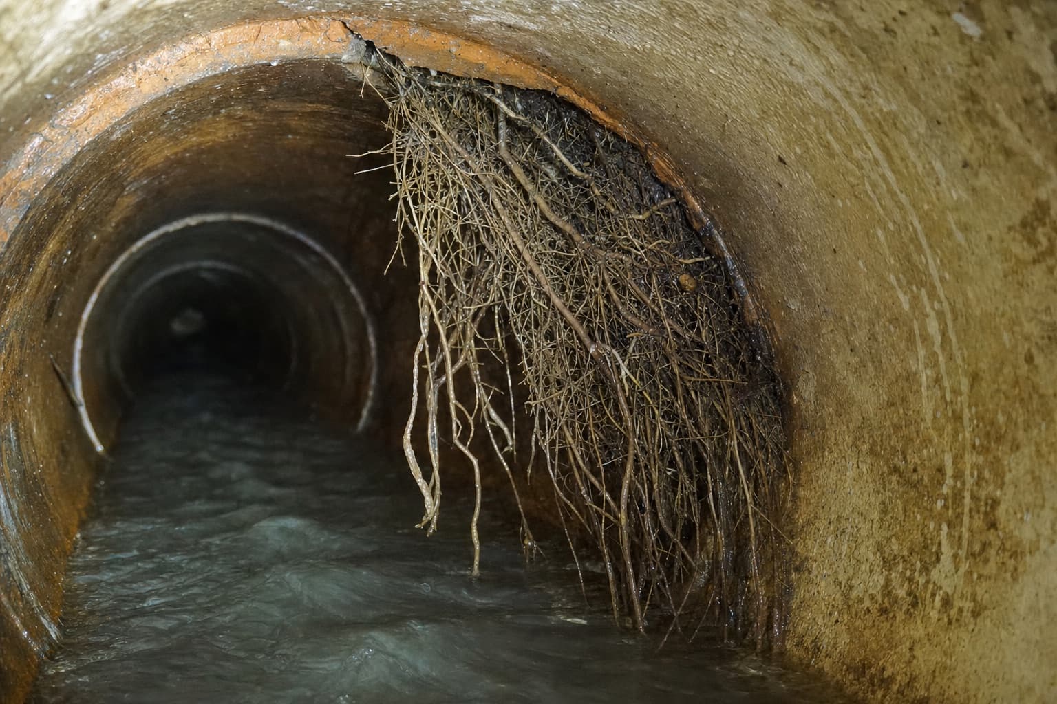 Severe root intrusion inside a sewer pipe, fine roots entering through a joint and hanging into the flow